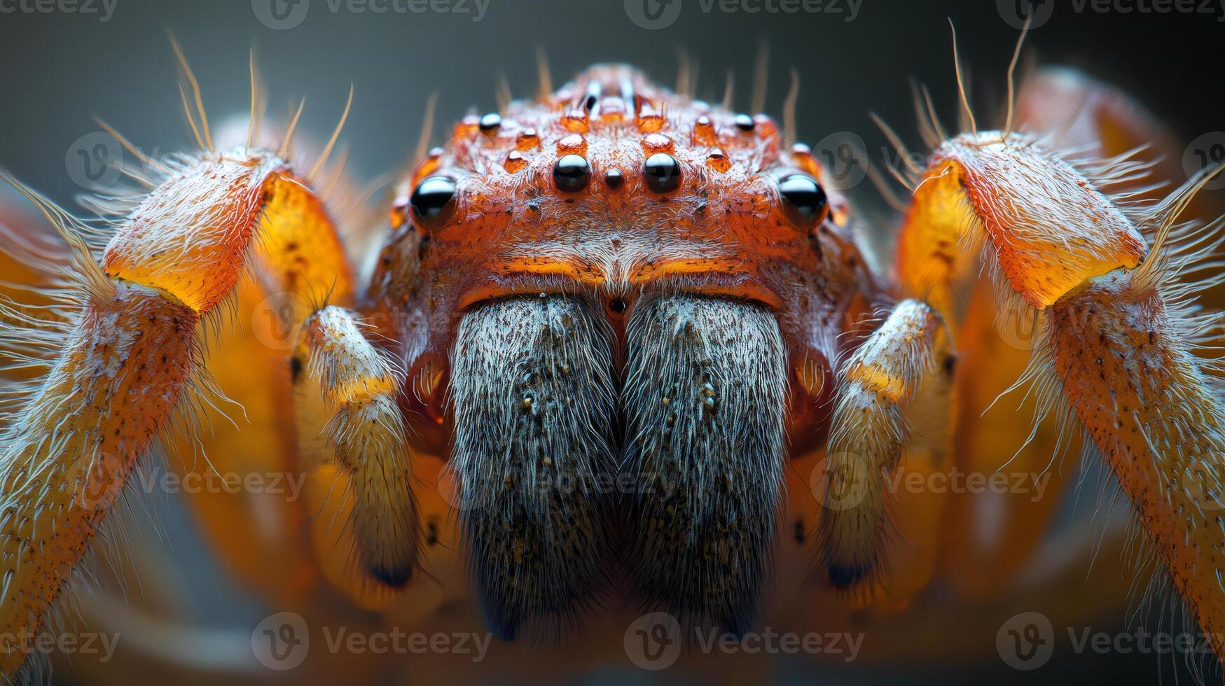Huntsman spider showing fangs and covered in dew drops photo