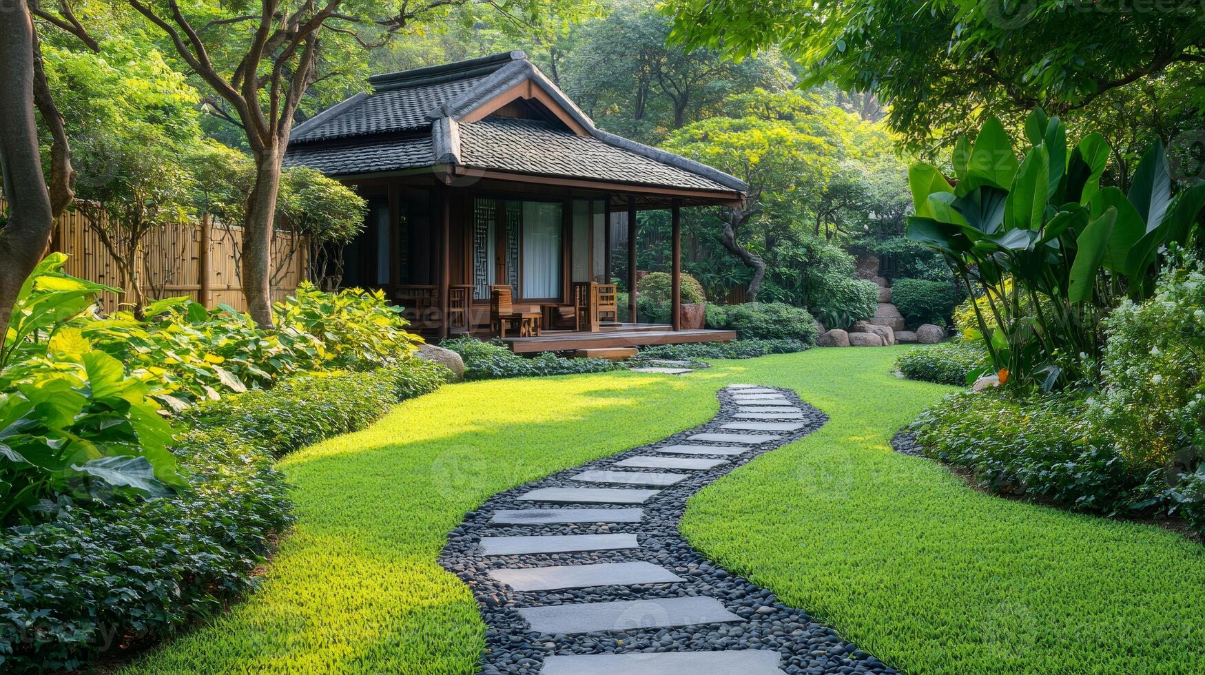 Stone path leading to traditional wooden house in lush garden photo