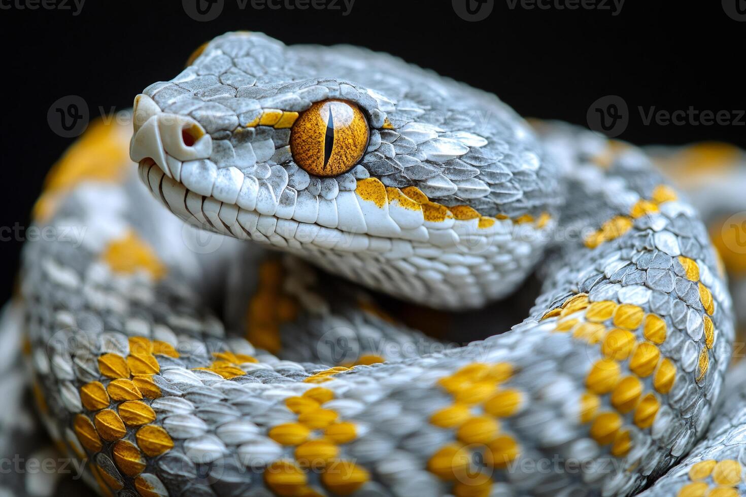 Venomous eyelash viper showing its fangs in close-up photo