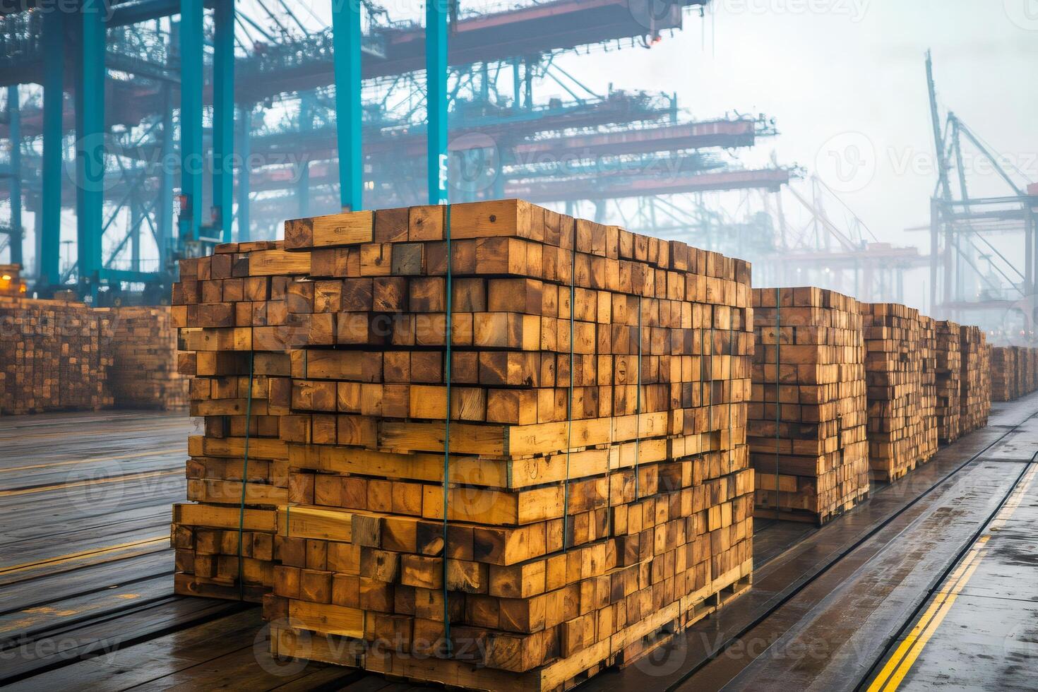 Stacks of lumber sitting on pallets in a port waiting to be loaded onto a ship photo