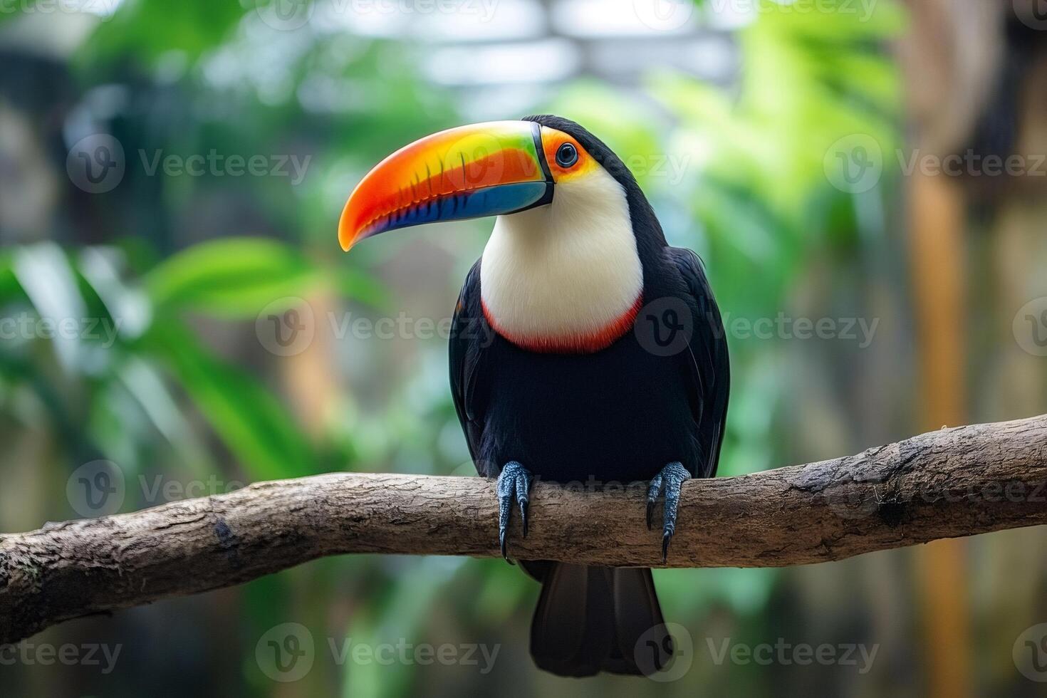 Keel-billed toucan perching on branch in lush green tropical forest photo