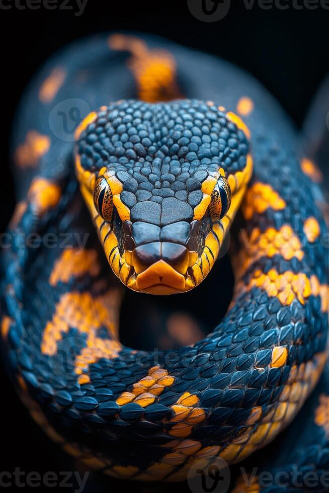 Mangrove snake coiled and staring with scales gleaming in vibrant colors photo
