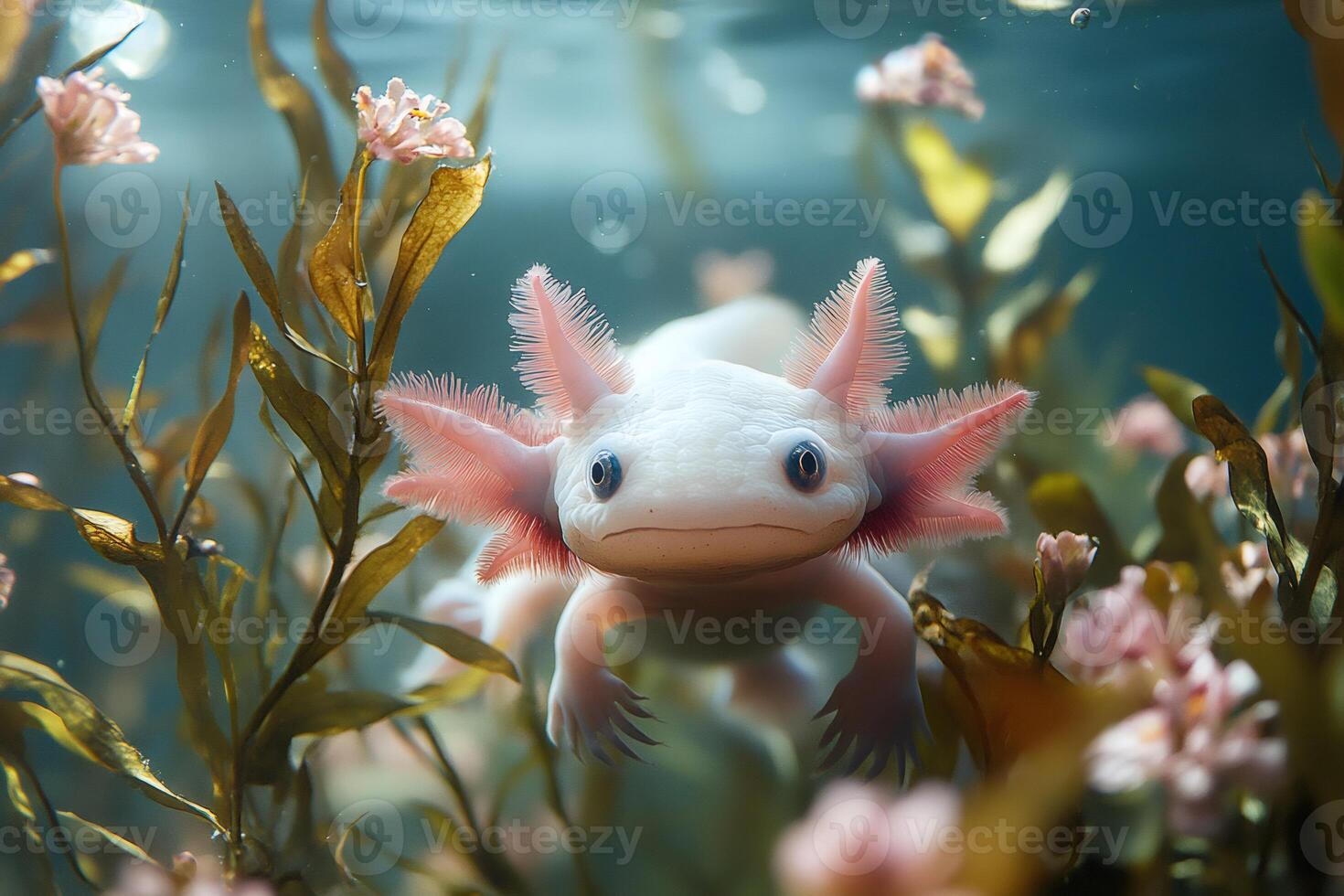 Leucistic axolotl swimming in aquarium with aquatic plants and flowers photo