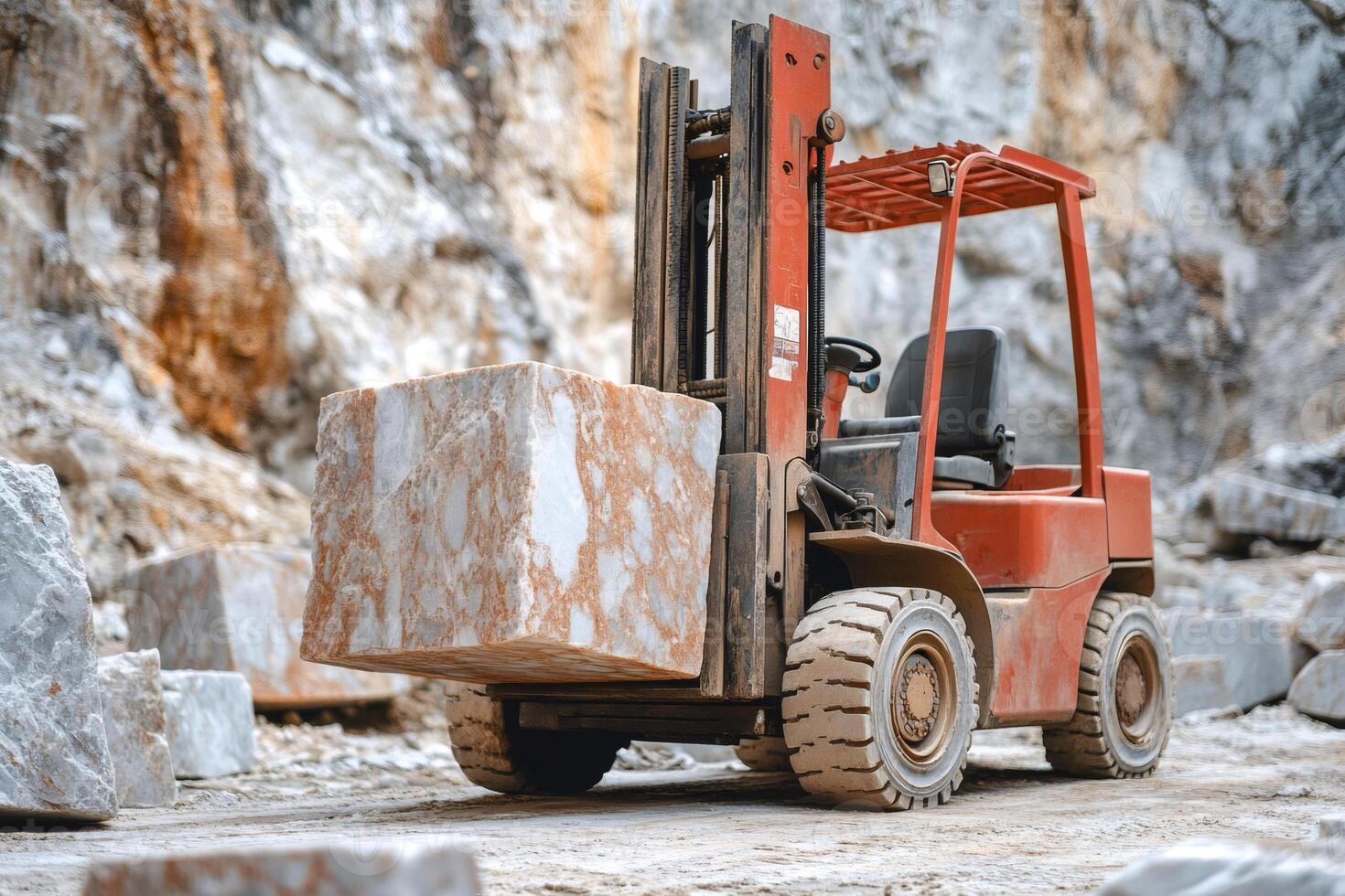 Forklift carrying marble block in quarry extraction and transportation of natural stone photo