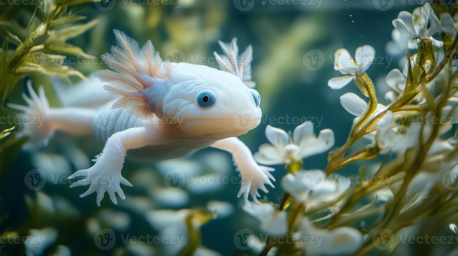 White axolotl swimming near aquatic plants in aquarium photo