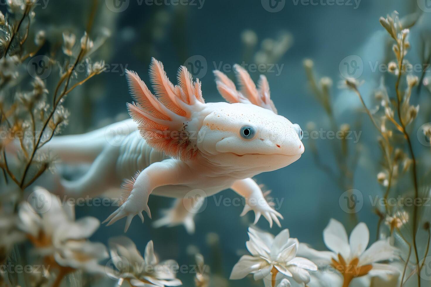 White axolotl swimming in aquarium surrounded by flowers photo