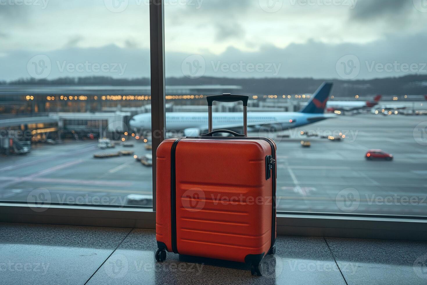 Orange suitcase stands in airport terminal waiting for passenger to board airplane photo