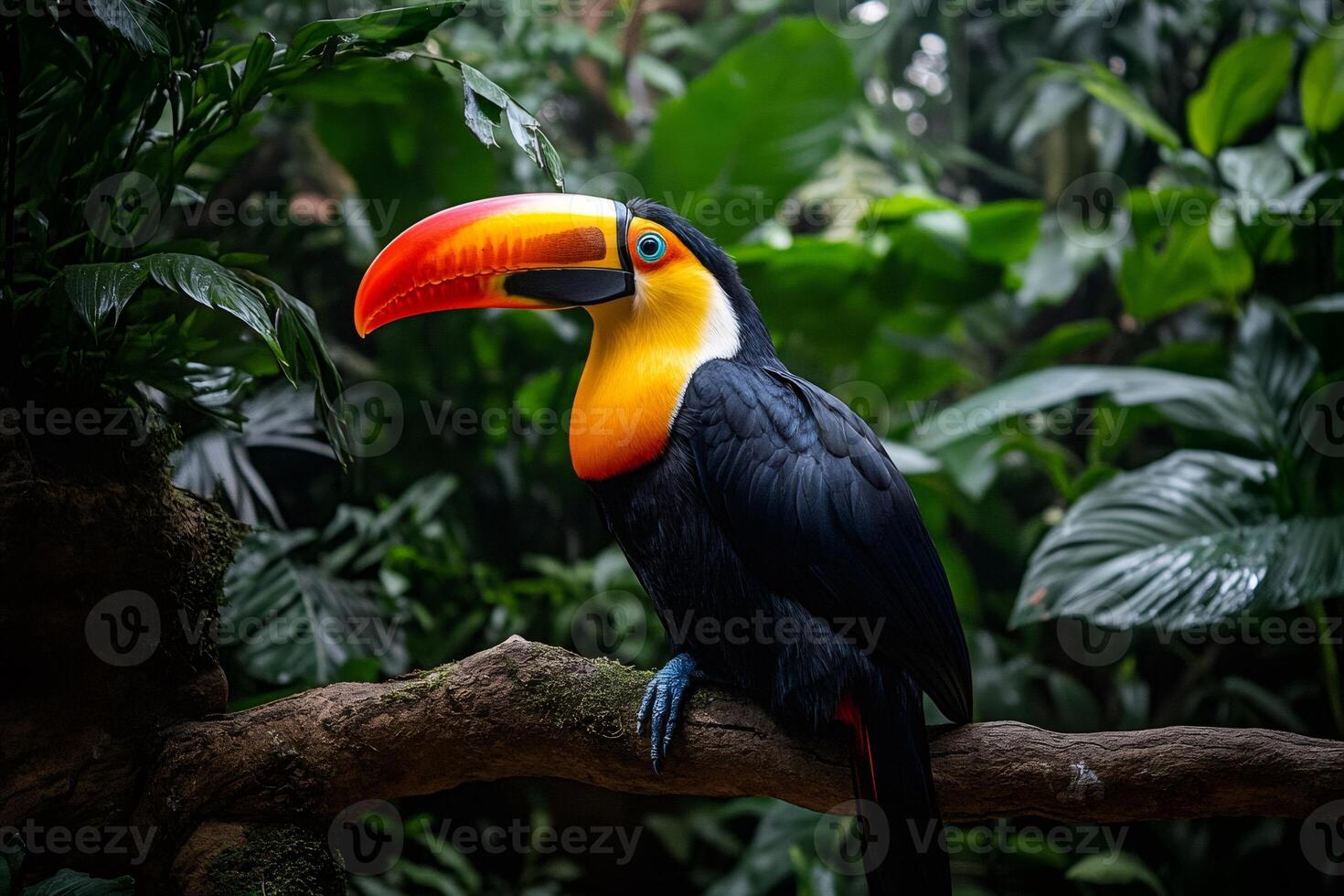 Channel-billed toucan perched on branch in lush tropical rainforest photo