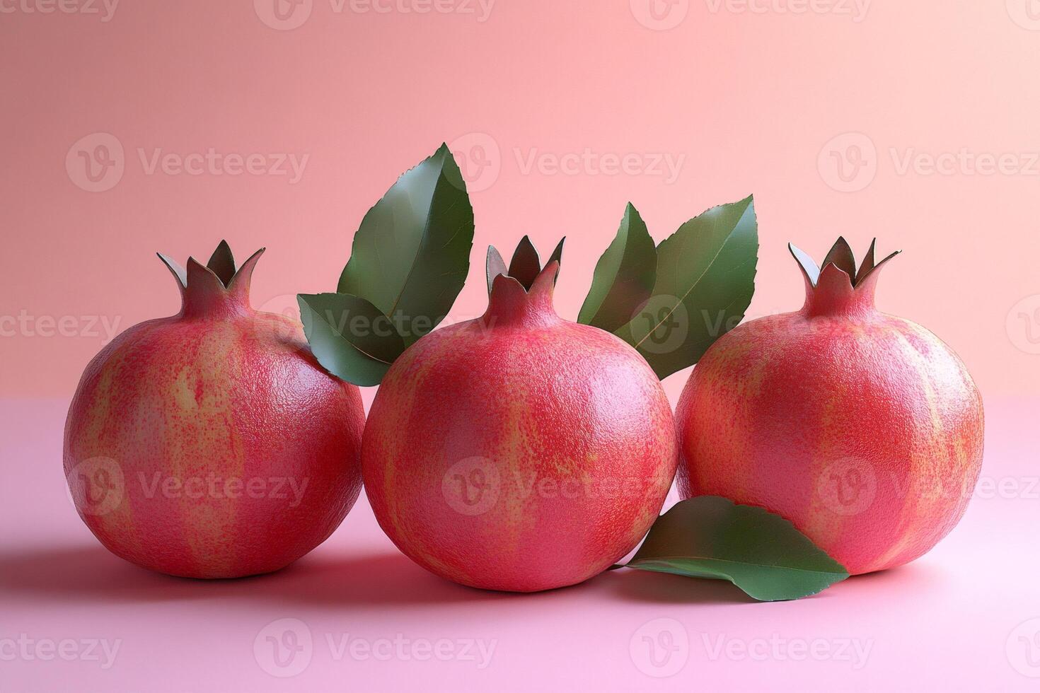 Three pomegranates with leaves resting on pink surface photo