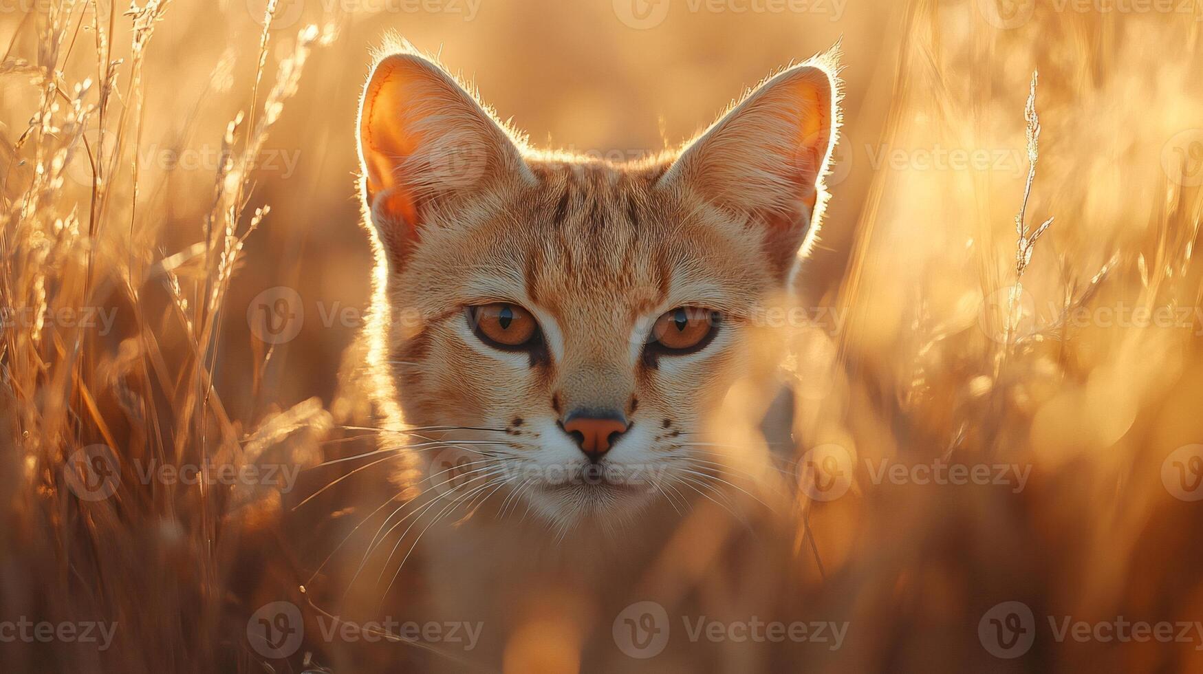 Sand cat hiding in the tall grass at sunset photo