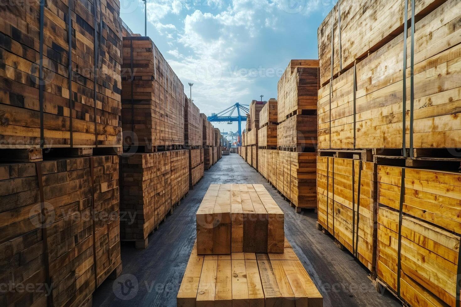 Stacks of lumber forming aisles in a port warehouse awaiting shipment photo