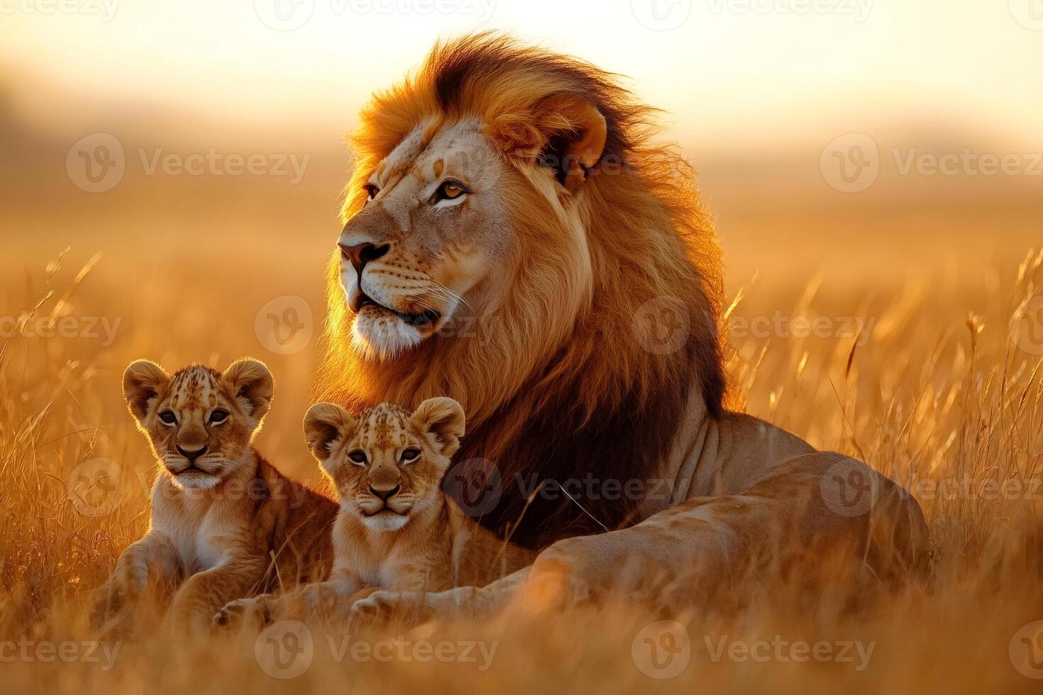 Lion king watching over his cubs at sunset in the savannah photo