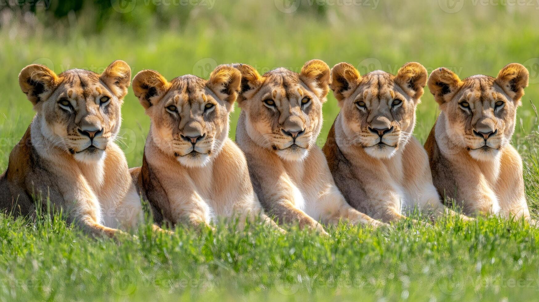 Five lionesses resting together in green grass photo