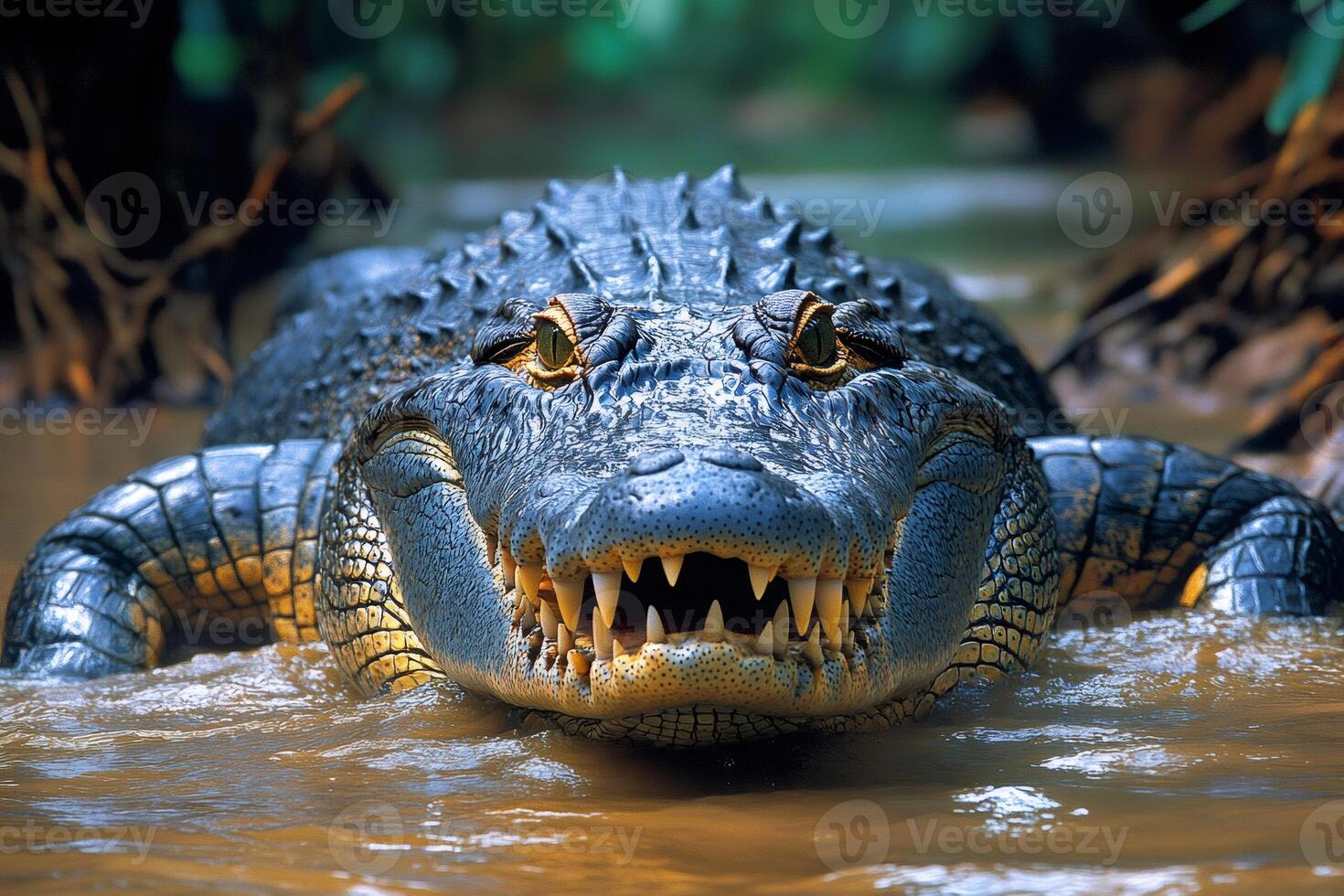 Large american alligator resting in swampy river showing teeth photo