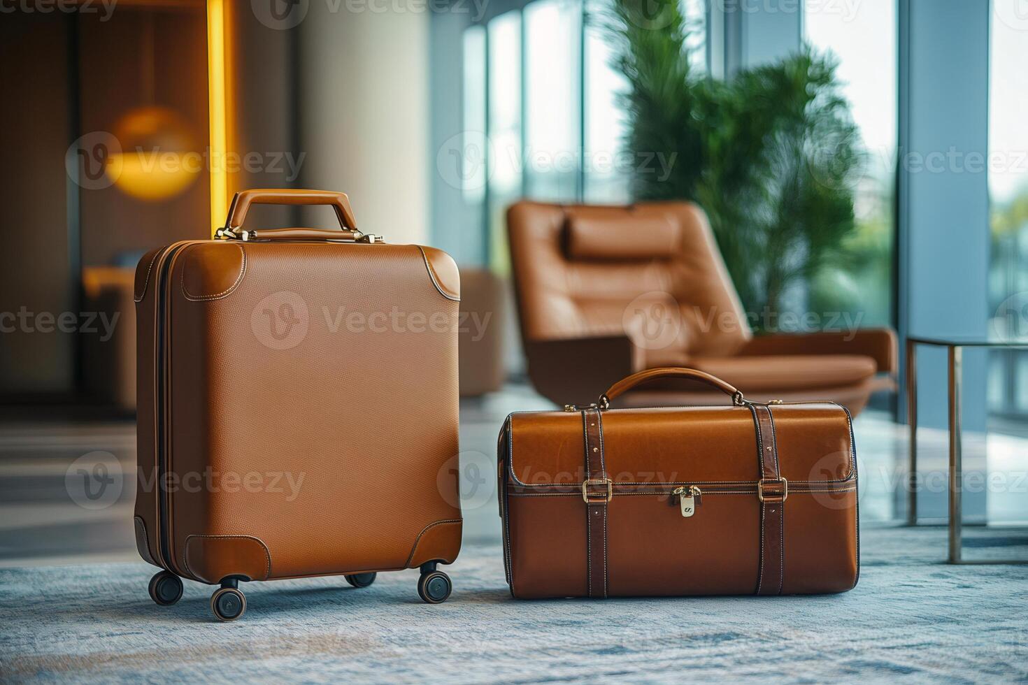 Leather suitcases and travel bag waiting in modern hotel lobby photo