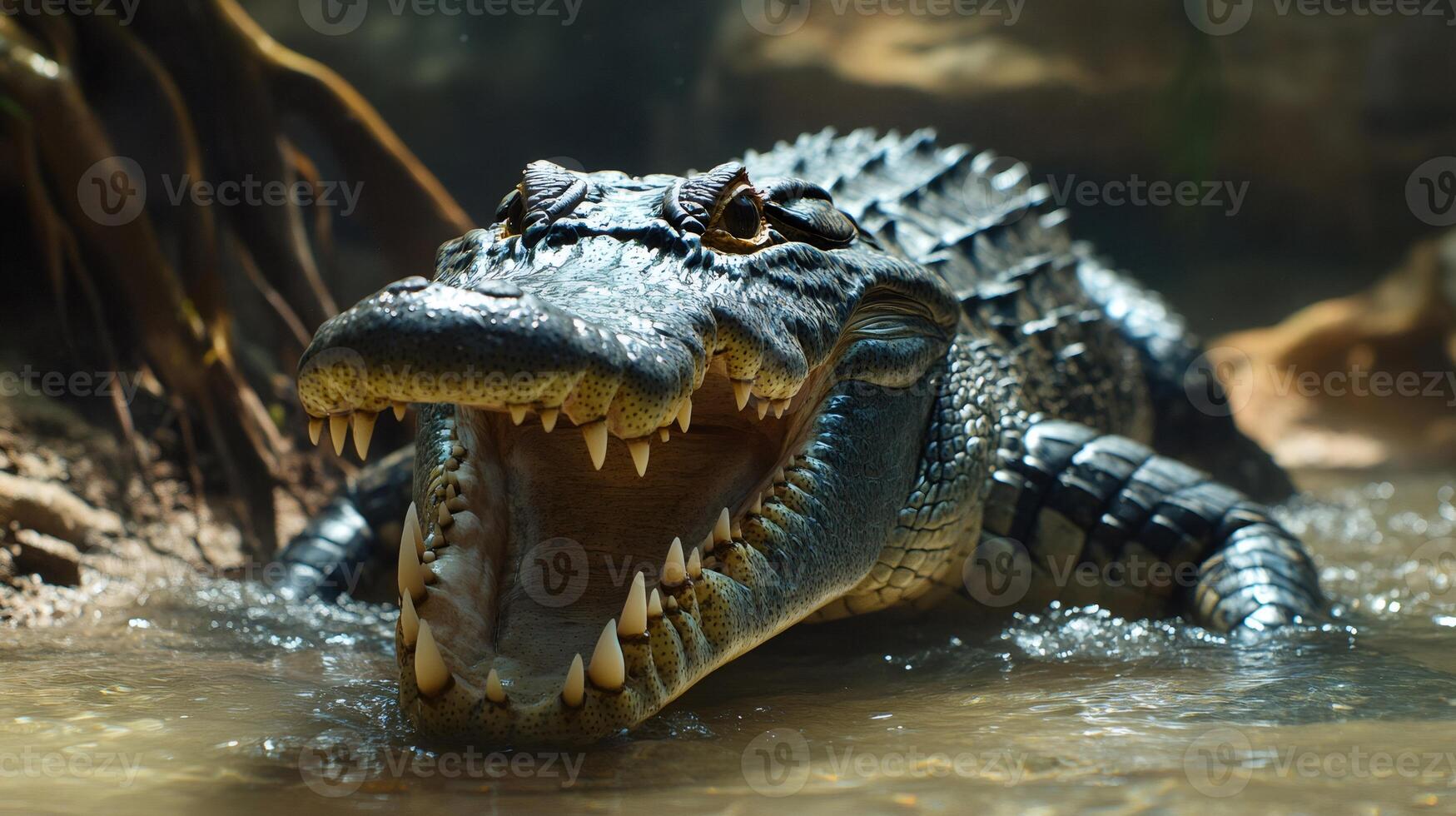 Large alligator resting in water with open mouth showing teeth photo