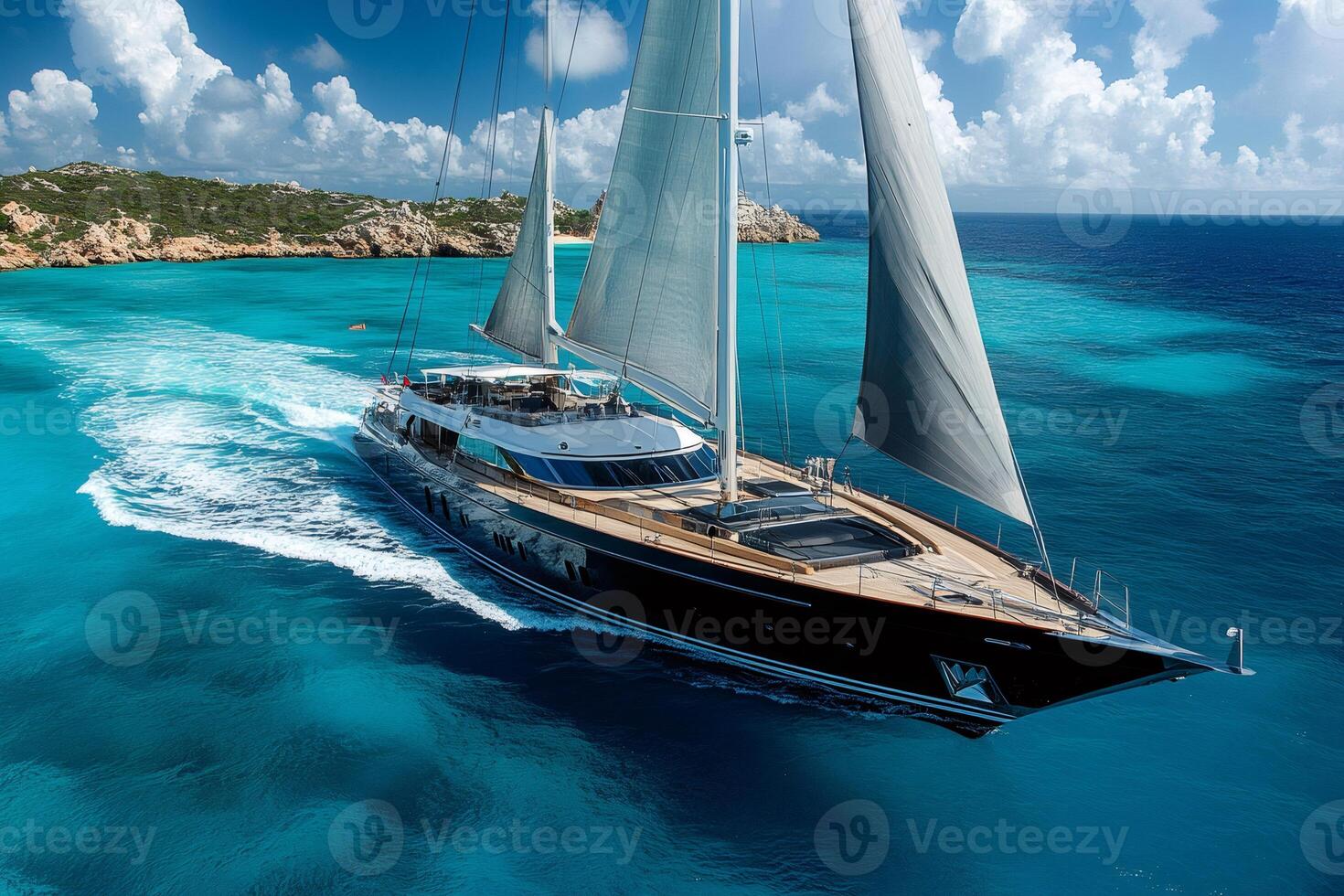 Luxury sailing yacht navigating turquoise waters near tropical island photo