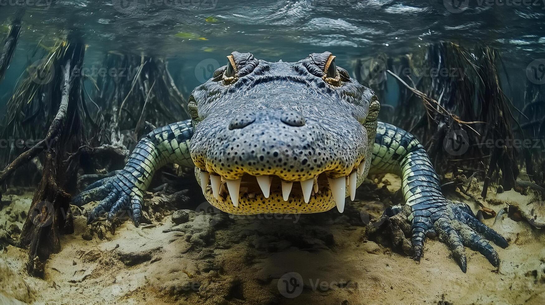 American crocodile resting underwater showing its teeth photo