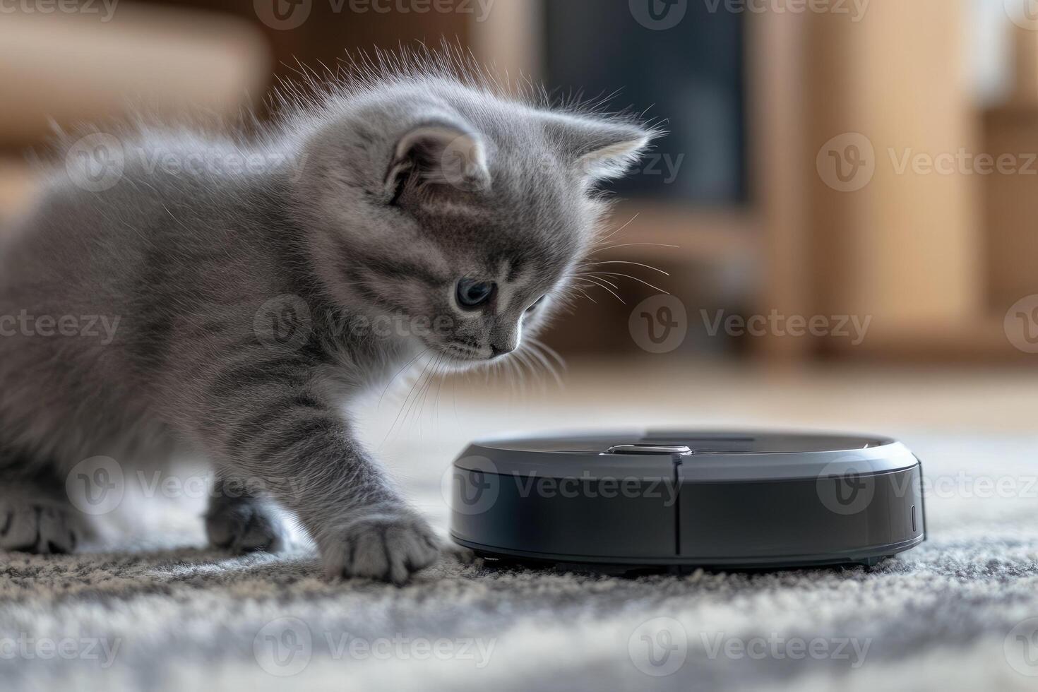 Curious kitten playing with robotic vacuum cleaner on carpet photo