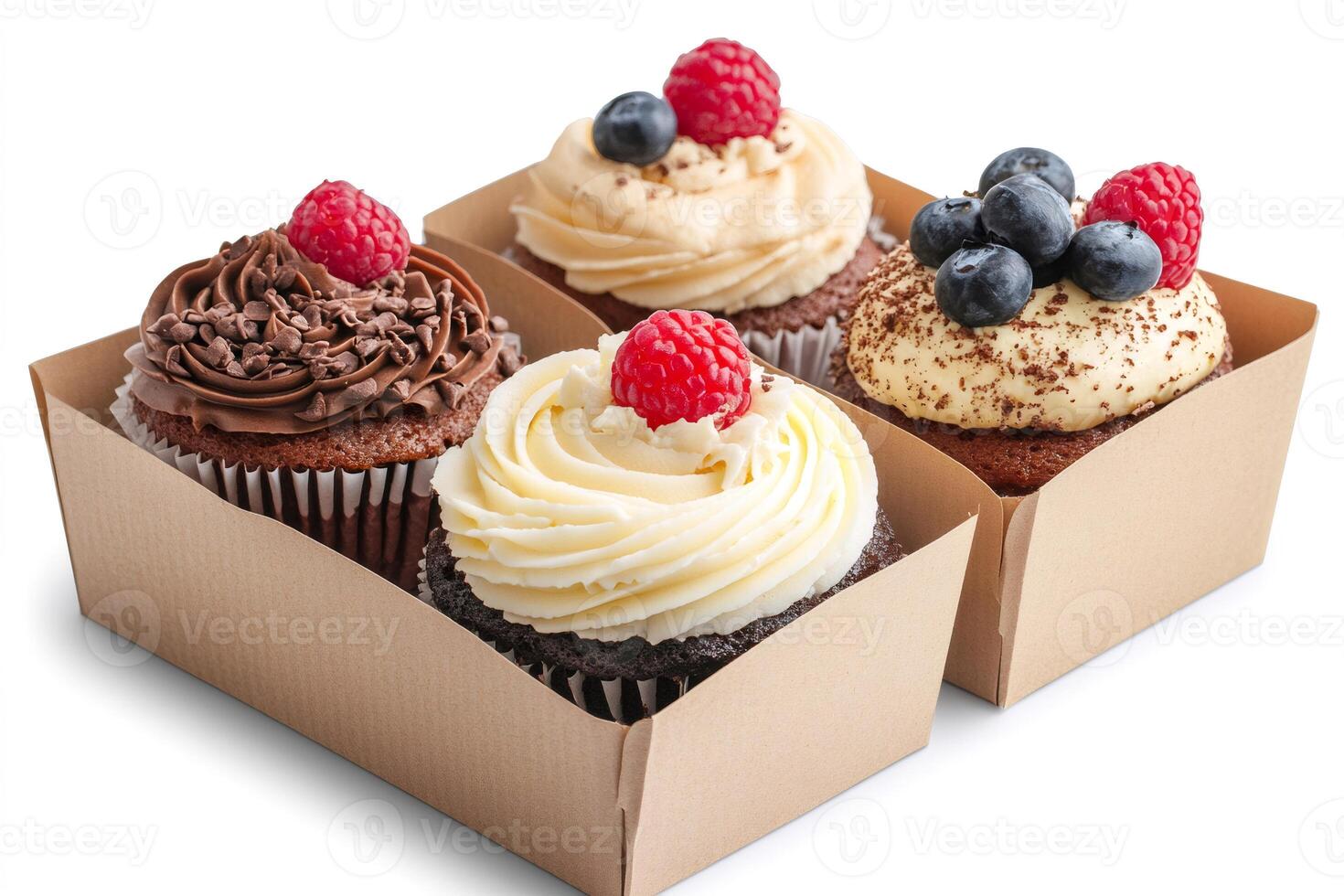 Delicious cupcakes with frosting and berries waiting in cardboard boxes photo