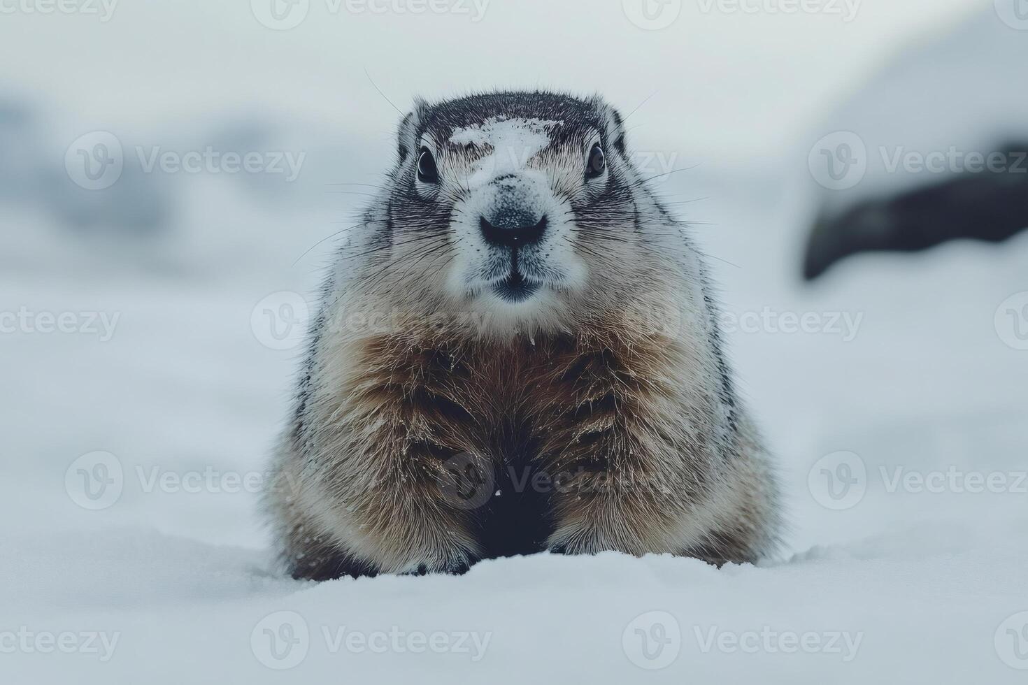 Marmot emerging from snow burrow in winter wonderland photo