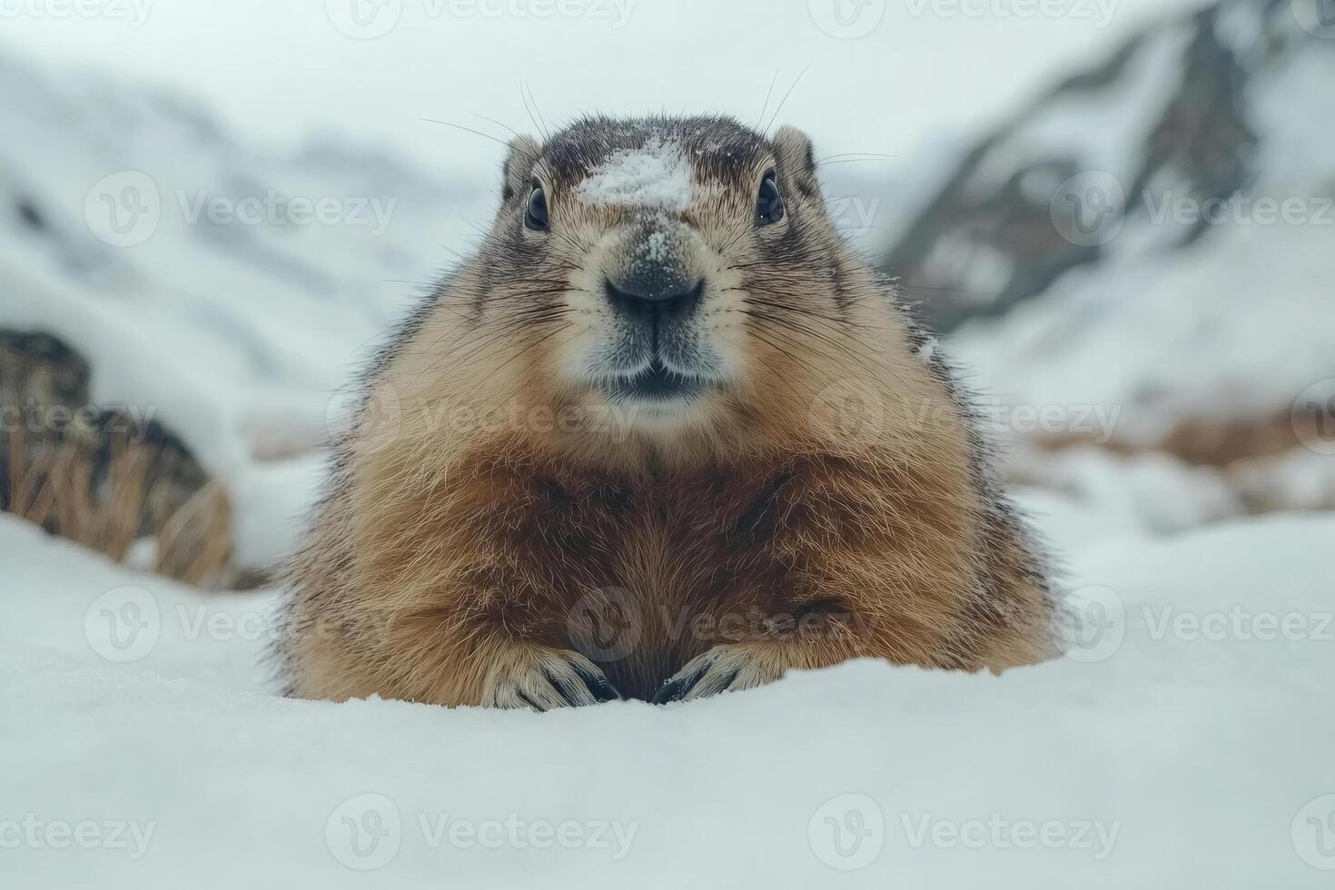Himalayan marmot emerging from its burrow in the snow photo