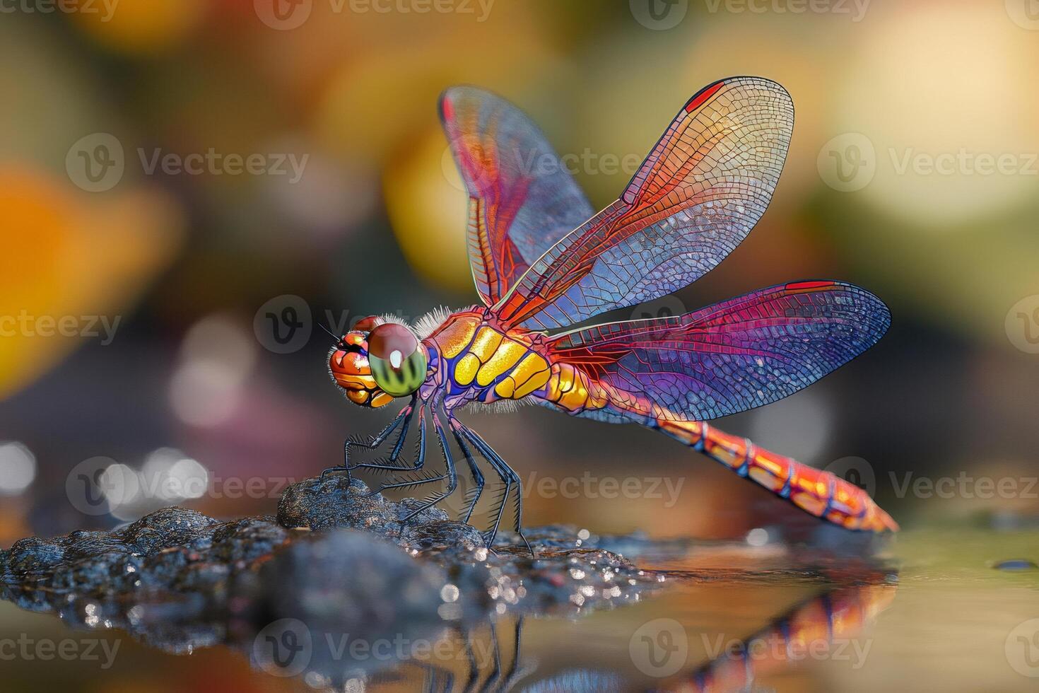 Colorful dragonfly resting on rock by the water with bokeh background photo