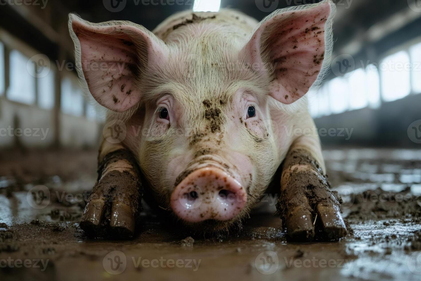 Pig lying in mud on farm, enjoying a relaxing moment photo