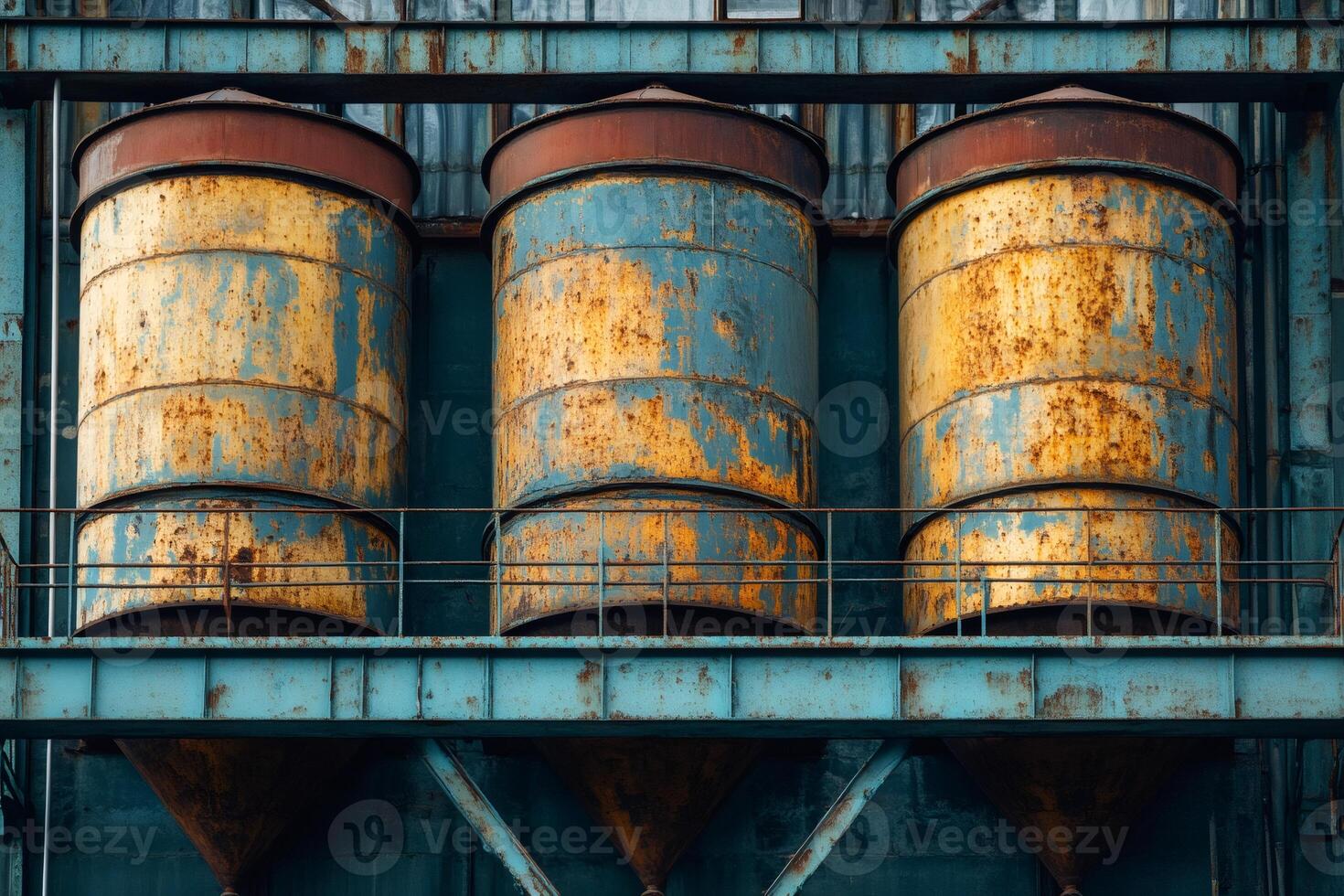 Old rusty industrial silos showing heavy signs of deterioration and corrosion photo