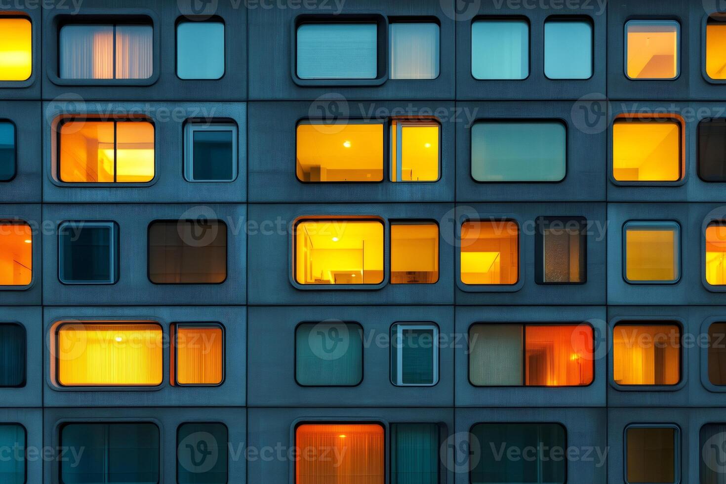 Modern building facade showing illuminated apartment windows at dusk photo