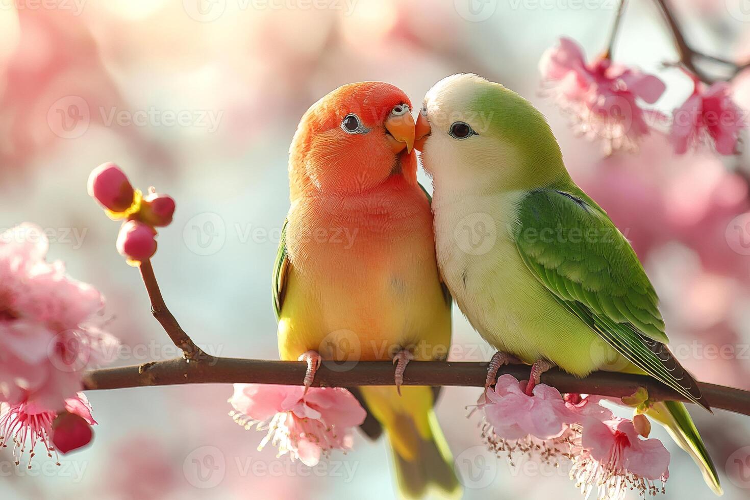 Two lovebirds showing affection on a blooming branch photo