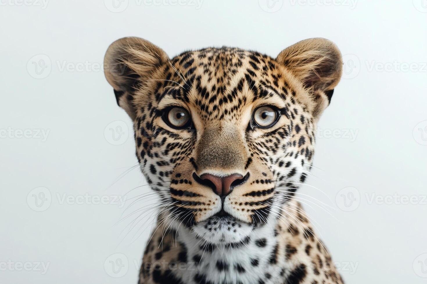 Leopard cub staring with intense gaze on white background photo