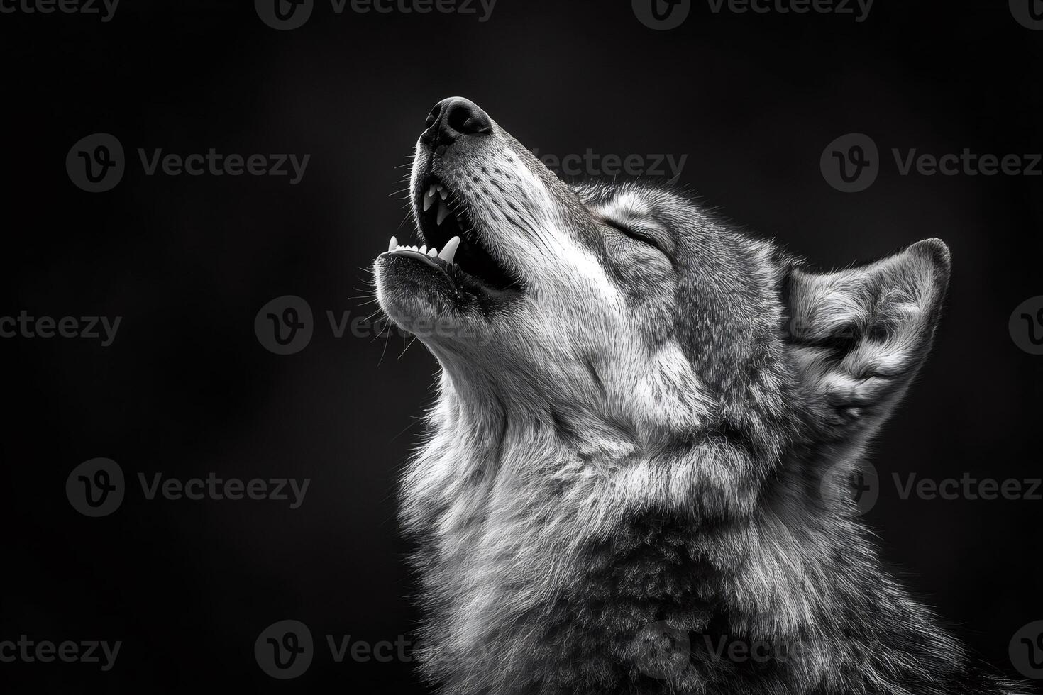 Gray wolf howling at moon on black background photo