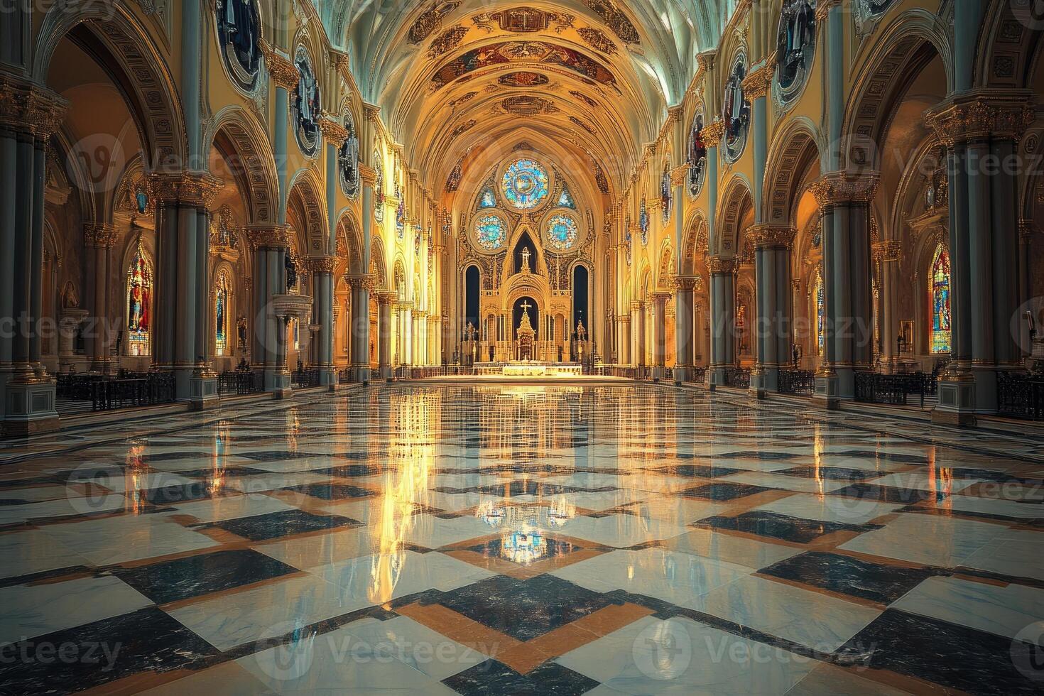 Sunlight reflecting on marble floor in empty cathedral photo