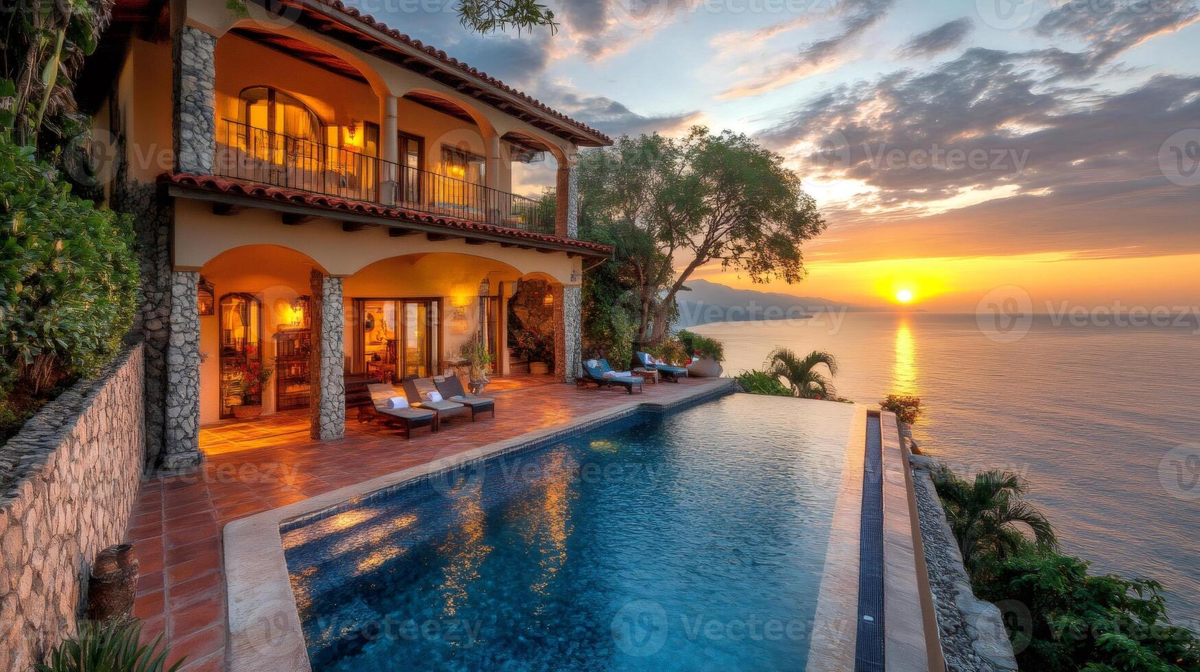 Luxurious infinity pool overlooking tropical ocean at sunset with villa in background photo