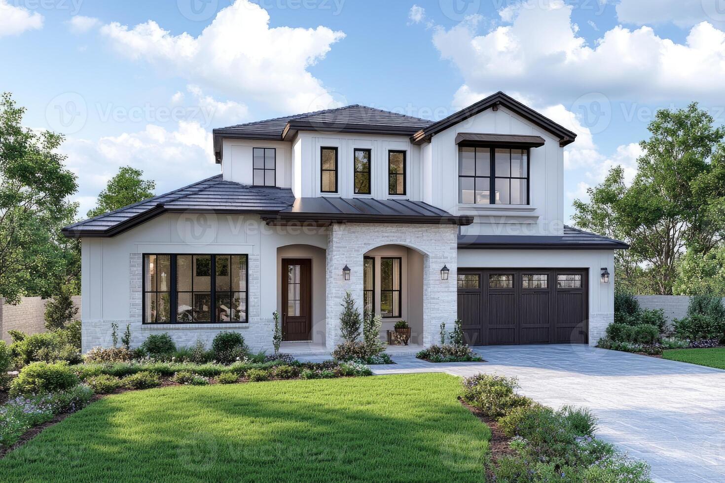 Modern suburban house with garage and landscaped yard exhibiting residential architecture photo