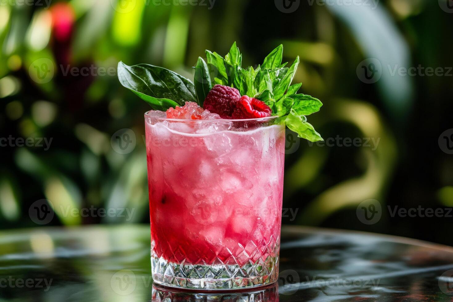 Refreshing pink raspberry cocktail garnished with fresh mint and basil photo