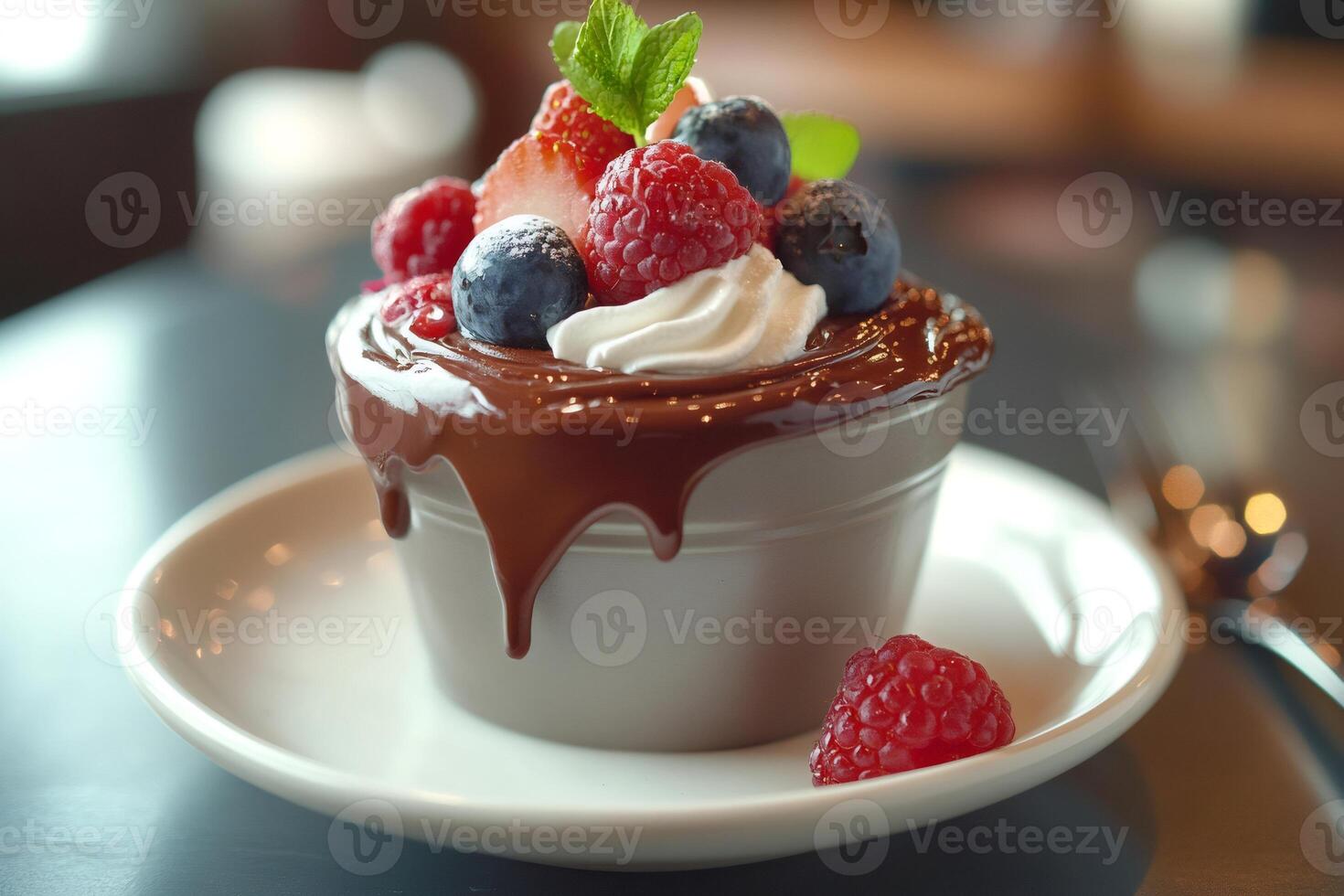 Delicious chocolate mousse overflowing with berries and whipped cream photo