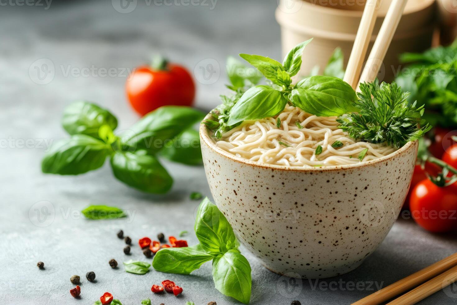 Bowl of noodles with basil and chopsticks is waiting on grey table photo