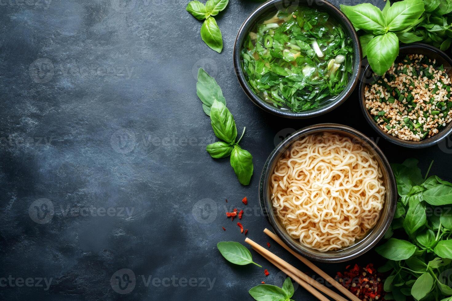 Noodles, broth, spices and basil leaves composing an asian dish, ready to be cooked photo
