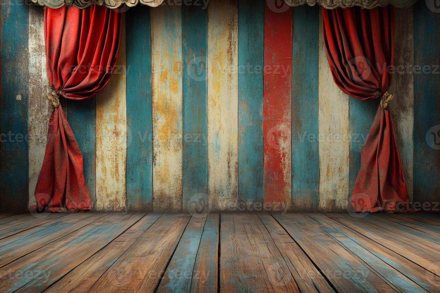 Red curtains framing colorful wooden wall on vintage stage photo