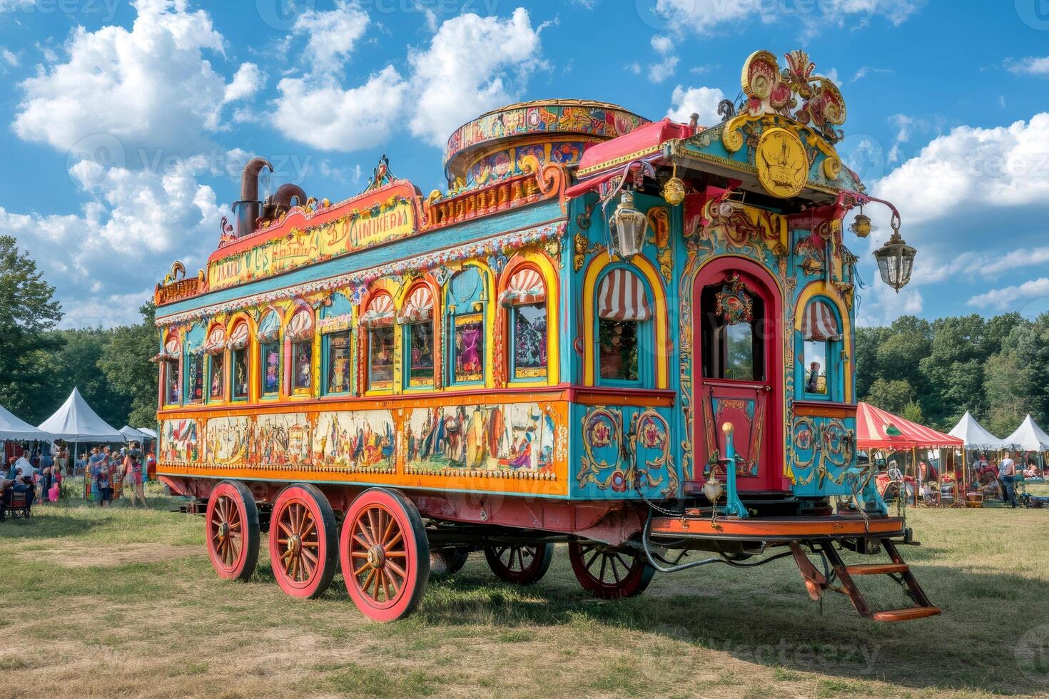 Colorful wagon exhibiting traditional romani culture at a festival photo