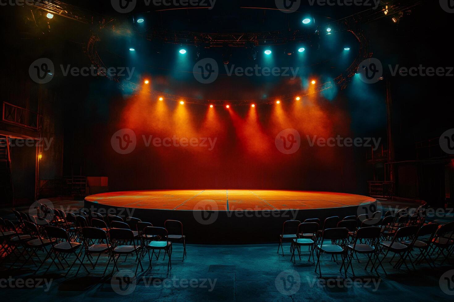 Empty round stage illuminated by warm and cold lights waiting for the show to begin photo