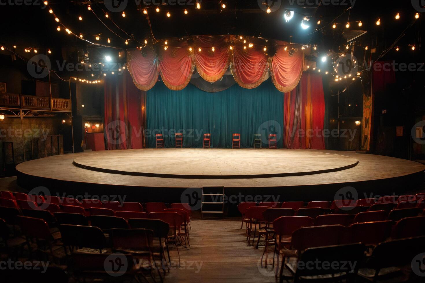Empty theatre stage with red curtains and chairs is ready for performing arts photo