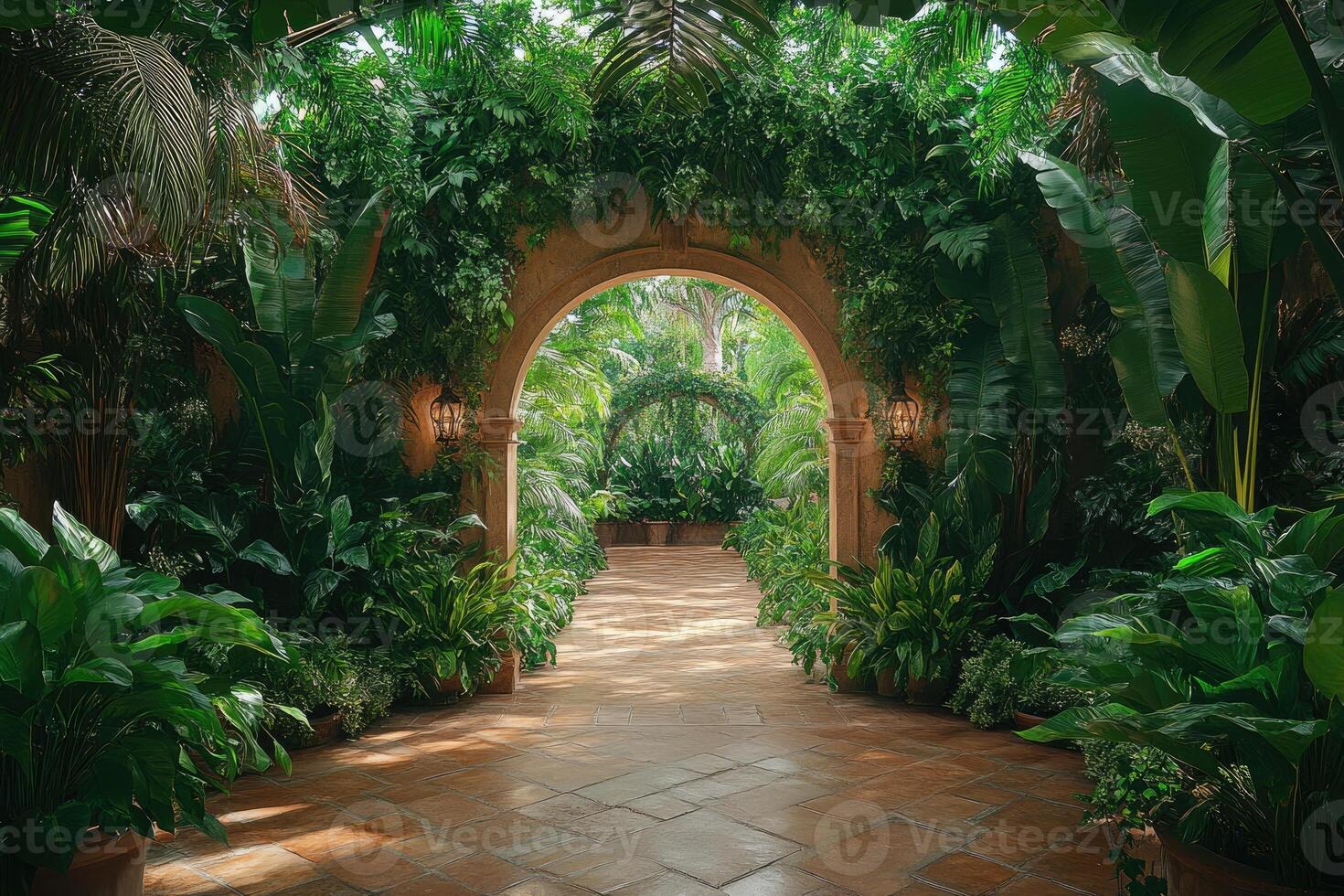 Brick archway framing lush pathway in botanical garden. photo