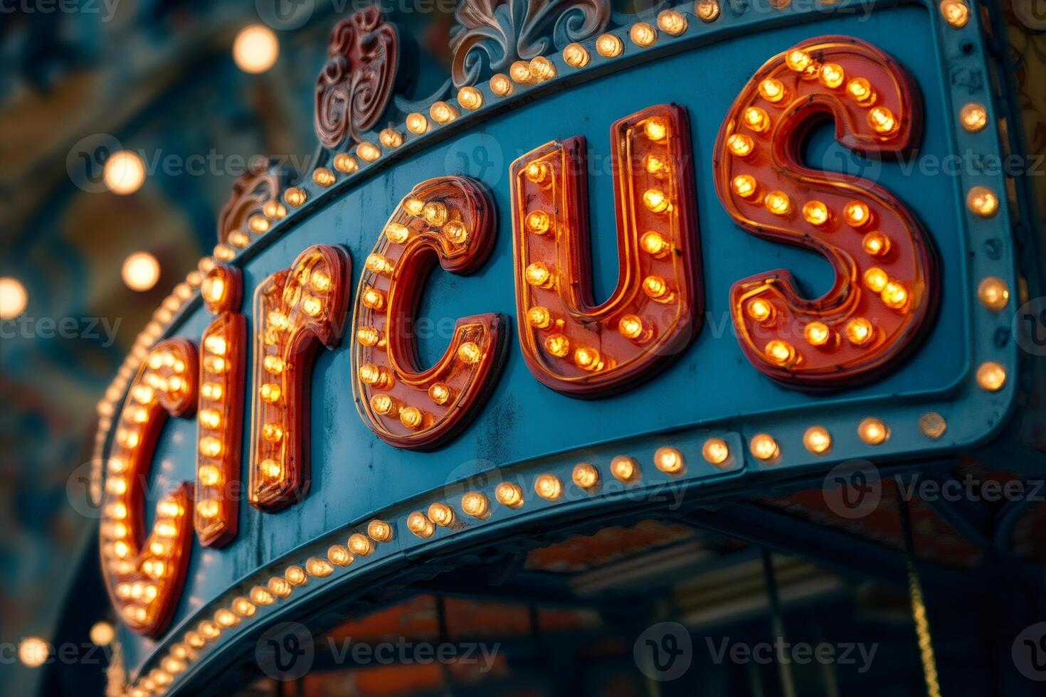 Illuminated circus sign announcing entertainment and spectacle photo