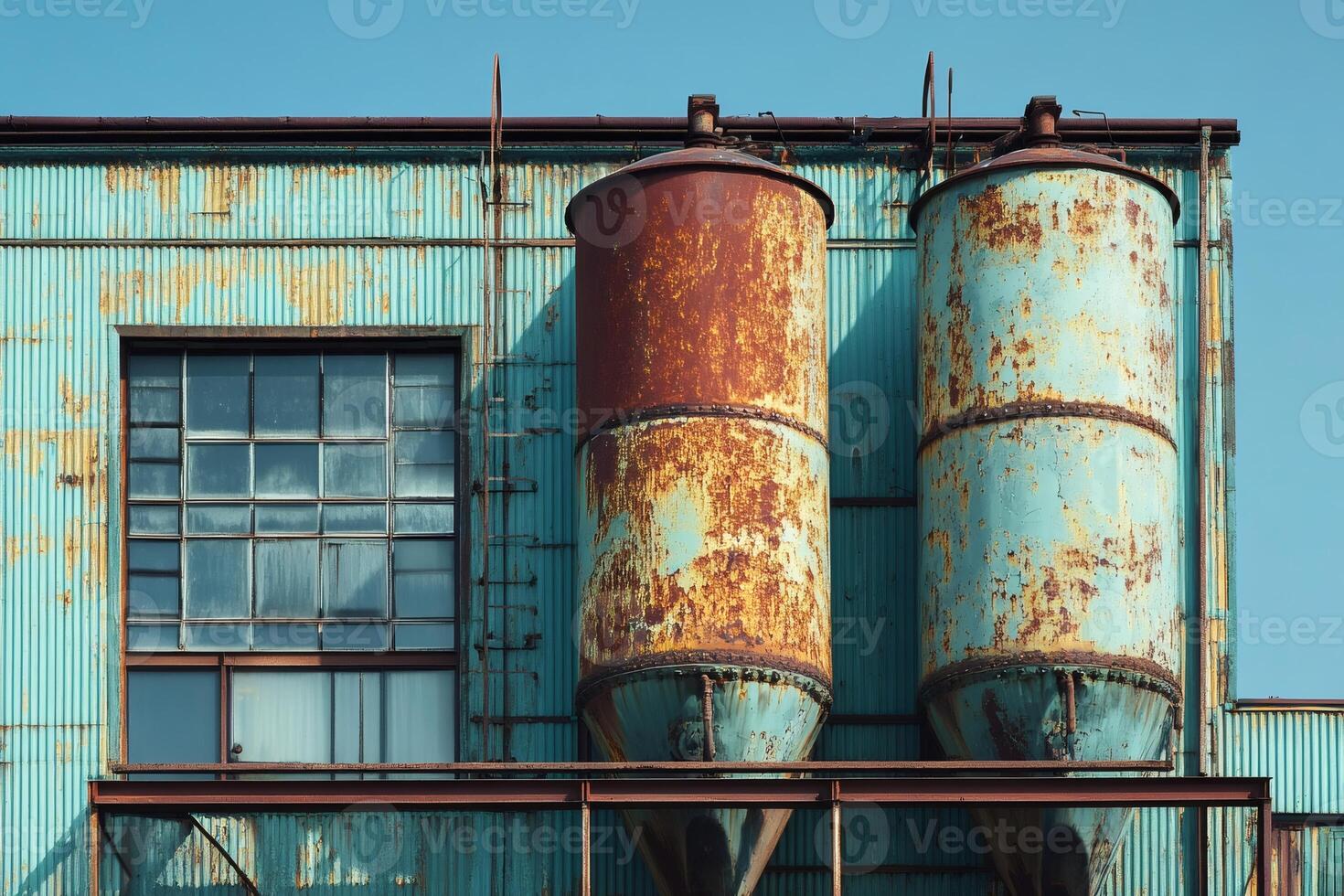 Two rusty industrial silos against weathered metal wall and blue sky photo