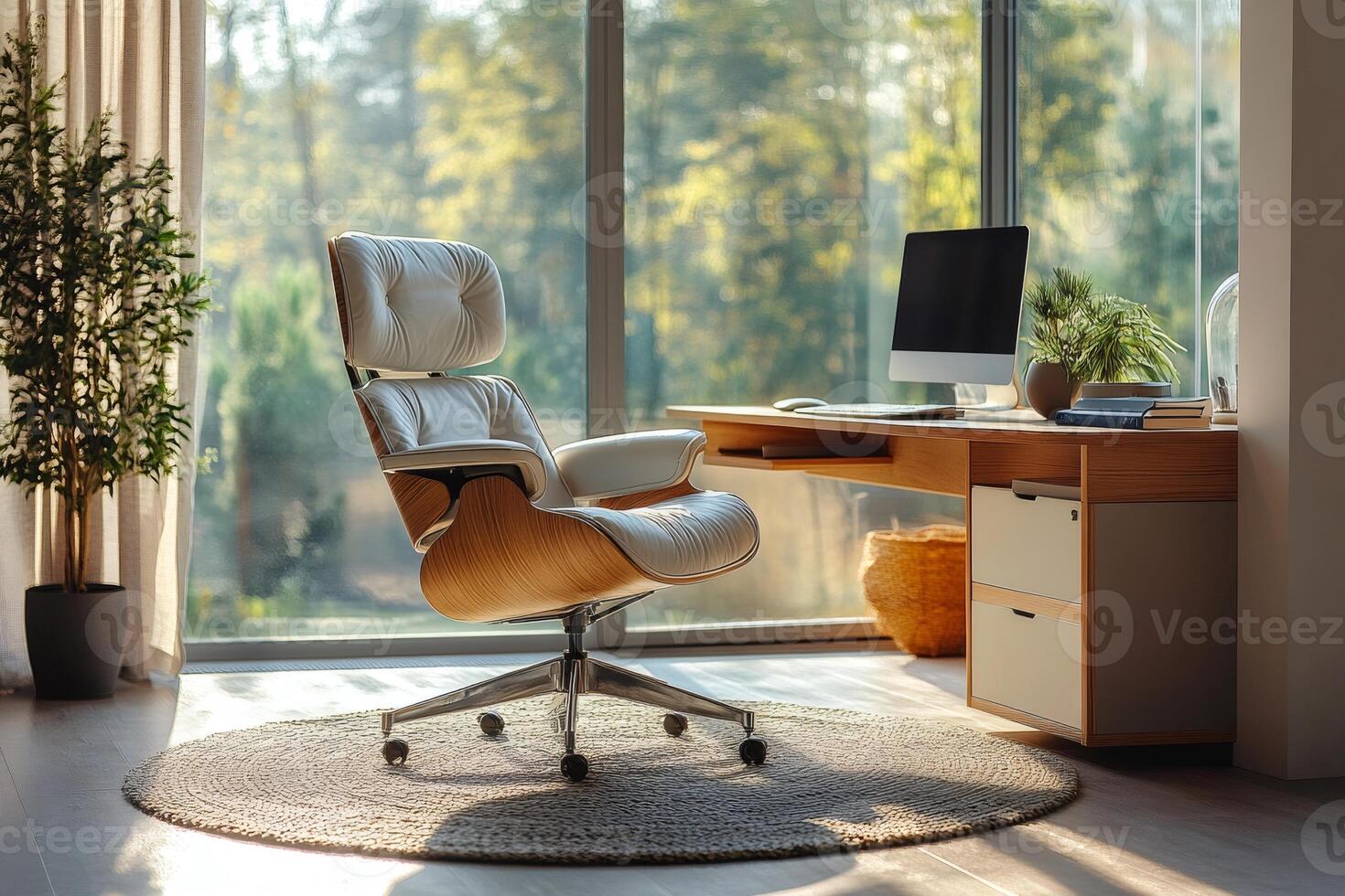 Modern home office with comfortable chair and desk facing big window in nature photo