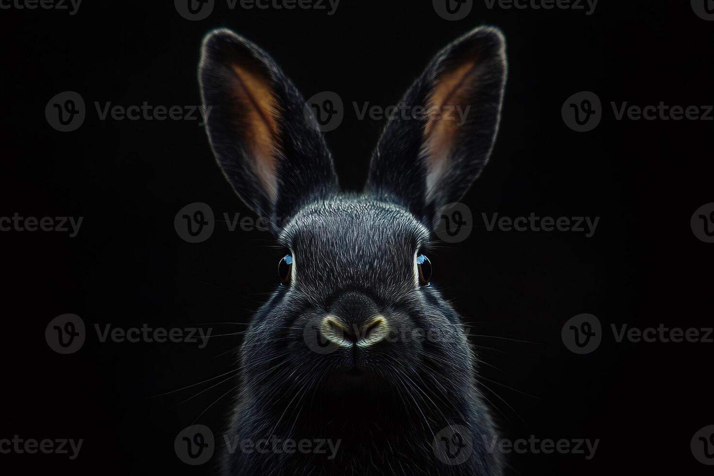 Black rabbit posing on dark background in studio shot photo