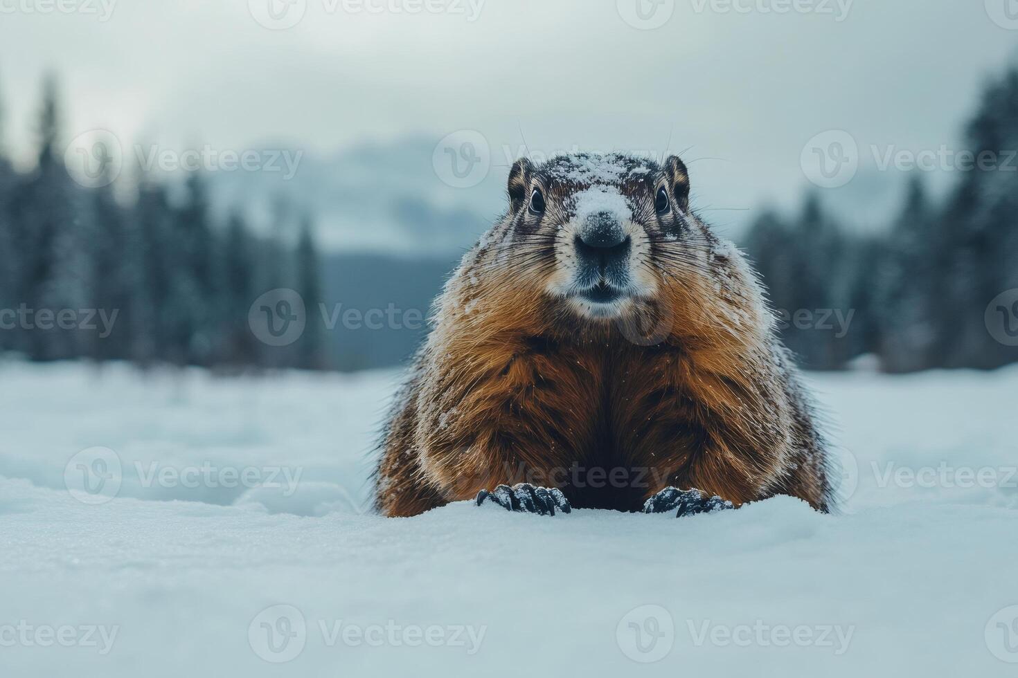 Marmot emerging from its burrow in snowy landscape photo